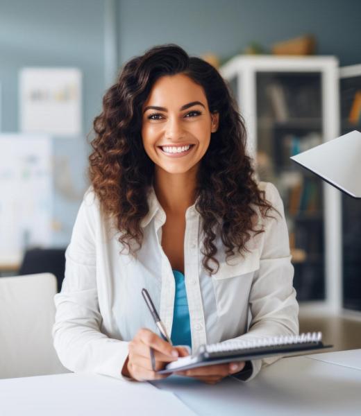 Happy professional female psychologist holding clipboard, looking and smiling at camera.